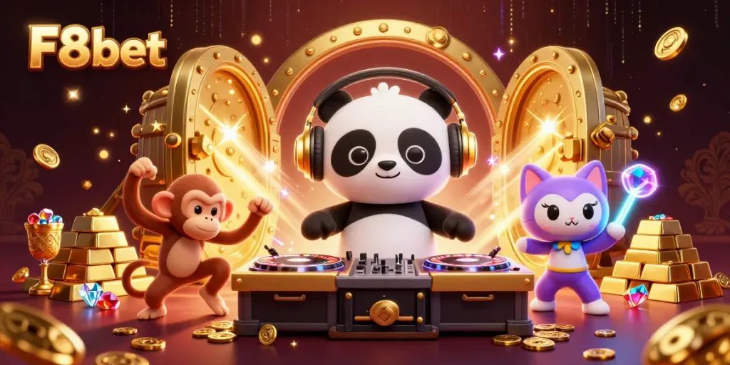 Experience the excitement of F8 bet in a vibrant gaming scene with treasure and characters.