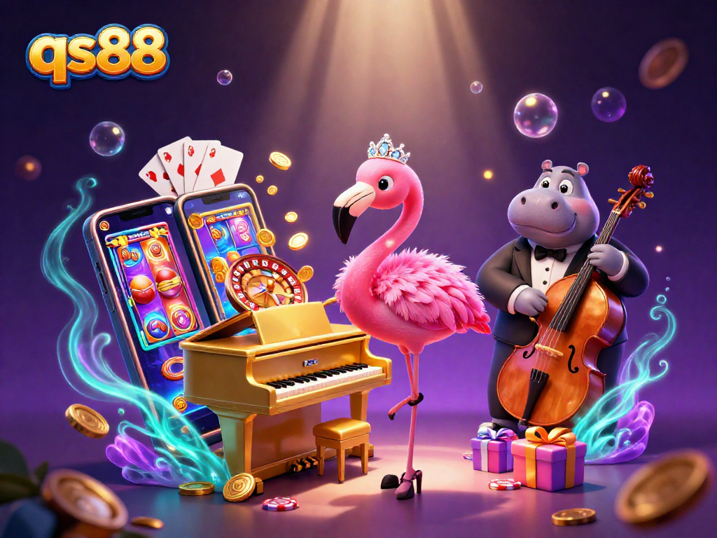 Win big with qs88 in a vibrant casino scene featuring entertaining lounge singers and dynamic gaming elements.