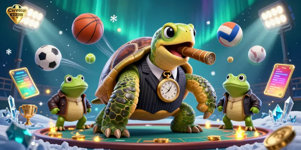 Engage with crypto betting sites featuring a turtle mobster and bullfrog enforcers amidst dynamic sports elements.