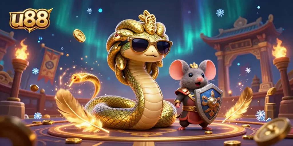 Experience thrilling gameplay at u88 with a vibrant 3D illustration featuring Medusa and a warrior in a packed casino atmosphere.