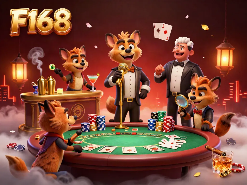 Hyenas in a casino scene with F168 branding, showcasing vibrant gambling activities.