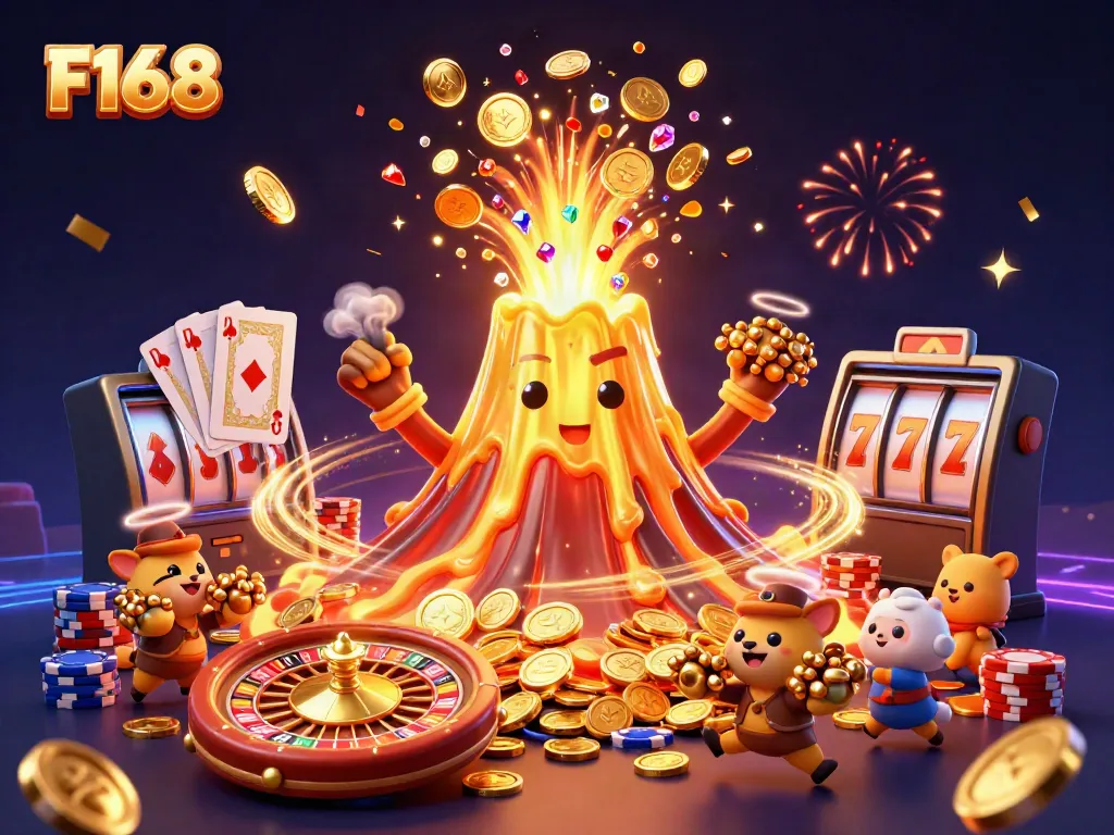 Experience the thrill of F168 with an erupting volcano of treasures, showcasing a vibrant casino atmosphere.