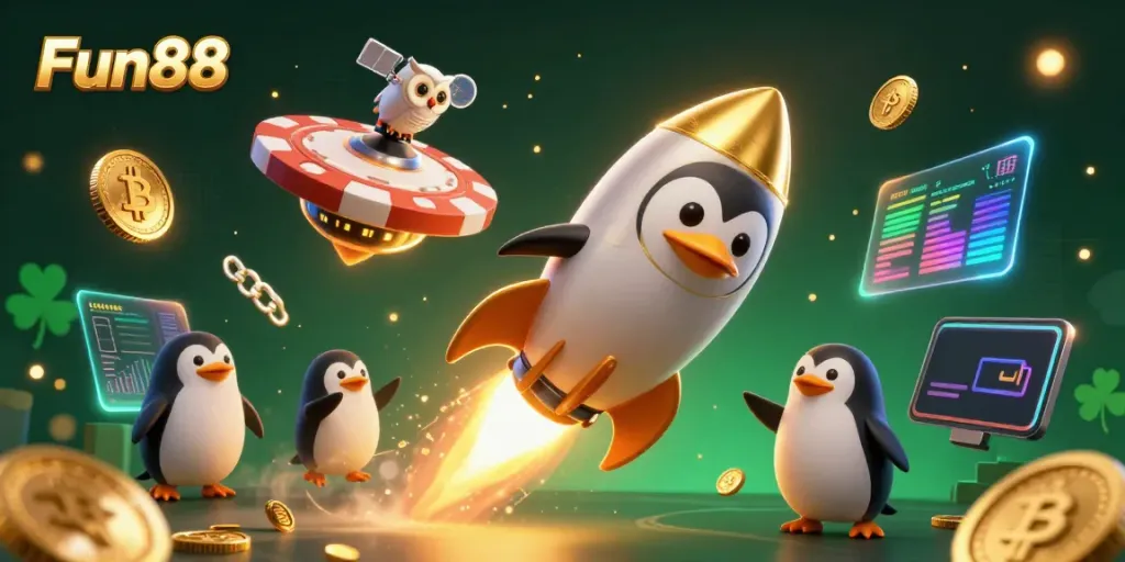 Experience fun and excitement as Fun88's golden penguin races through a lively casino space with crypto elements.