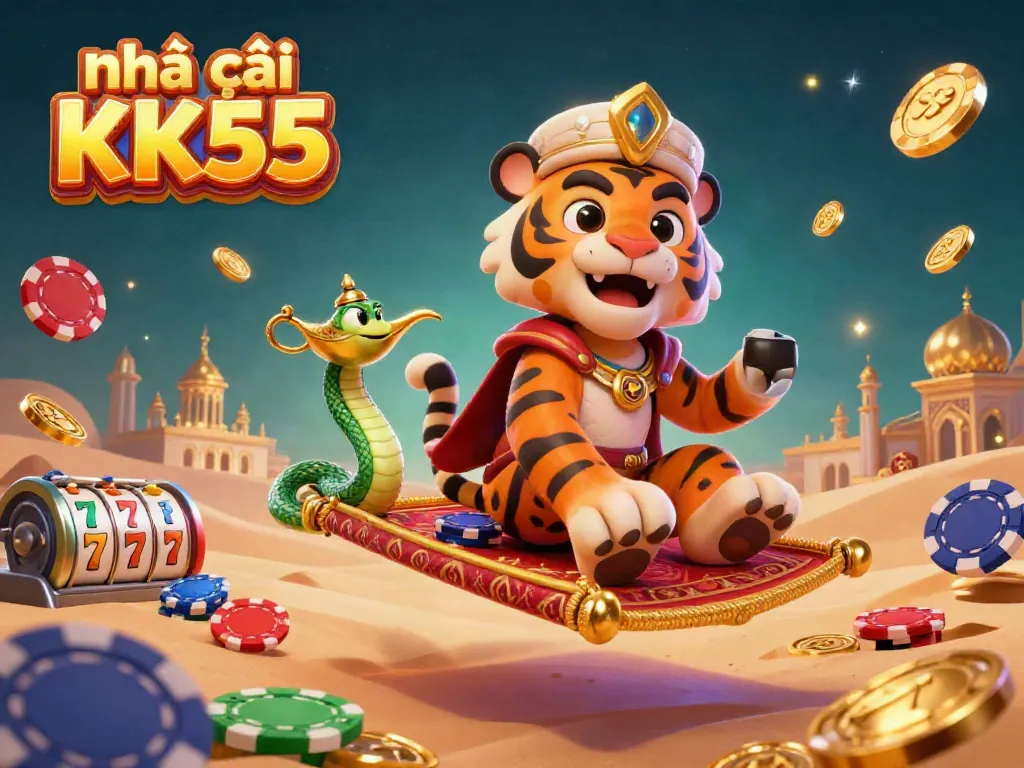 Engage with Nhà cái KK55 through this vibrant 3D illustration showcasing an Arabian themed sultan and gambling elements.