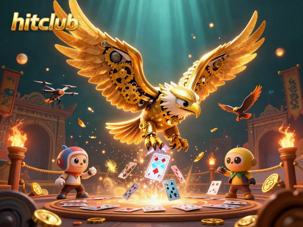 Experience hitclub excitement with a cybernetic golden eagle amidst vibrant casino elements in 3D.