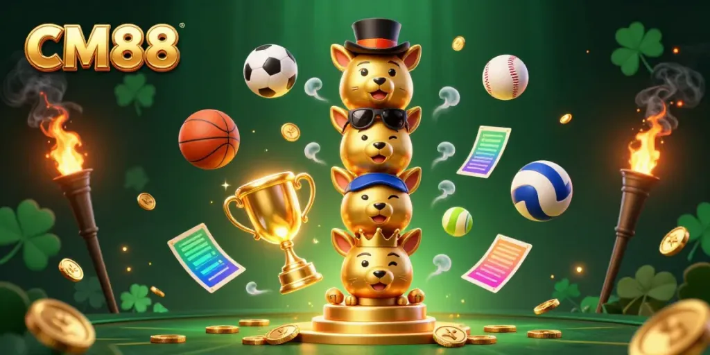 Engage with CM88's vibrant 3D casino world featuring a golden totem pole and dynamic sports elements.