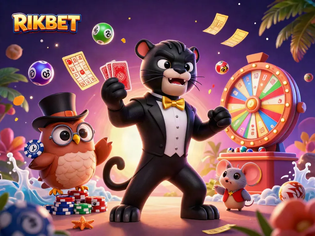Engage with RIKBET's exciting gaming scene featuring a stylish panther dealer, colorful elements, and winning prizes.
