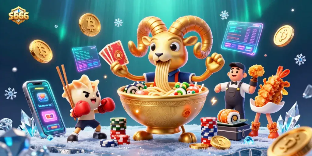 S666 engages players with vibrant casino action featuring cartoon characters and glowing crypto elements.