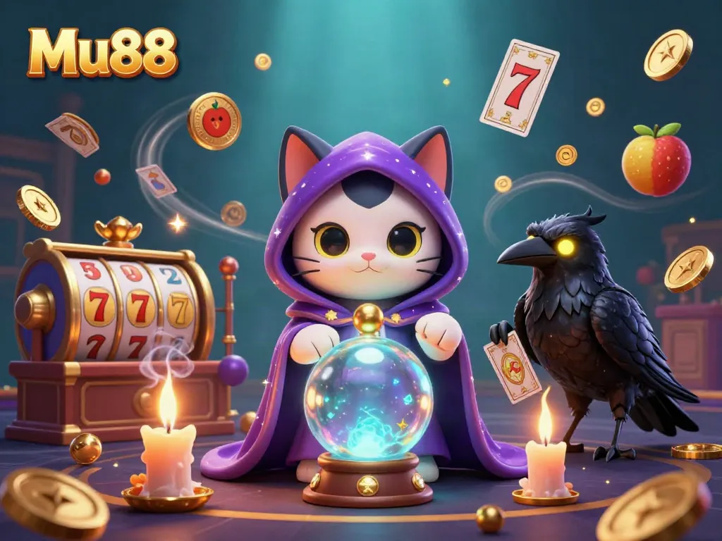 Engage in thrilling slots at Mu88 amidst a mystical casino scene with dynamic characters and gaming elements.