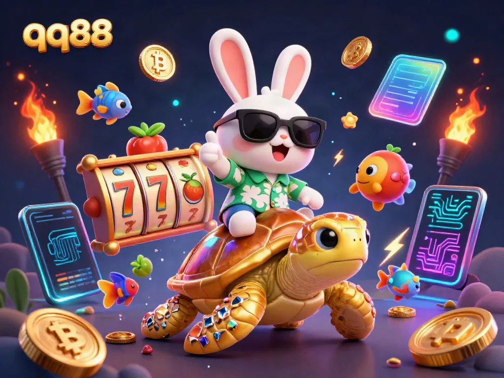 Experience thrilling slots action with qq88 in a vibrant casino illustration featuring lucky symbols.