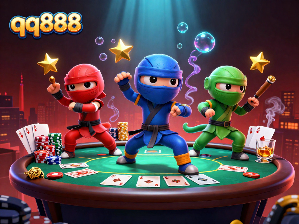 Experience thrilling gambling adventures with qq888, featuring ninja chameleons and poker elements.