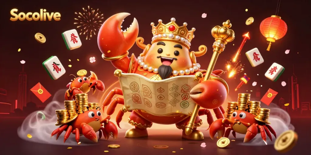 Socolive showcases a vibrant 3D illustration with a golden crab emperor amidst glowing casino elements, evoking excitement.