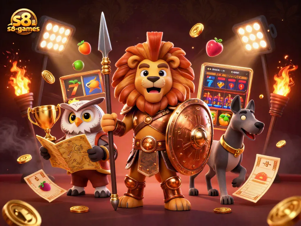 S8-games slots experience comes alive with a Spartan lion, owl strategist, and greyhound amid vibrant casino symbols.