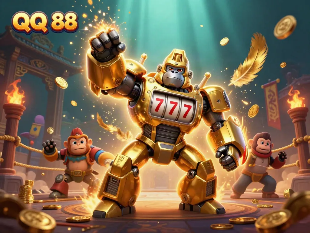 Engage with QQ 88 in a vibrant casino showdown featuring a golden gorilla mech and dynamic elements.