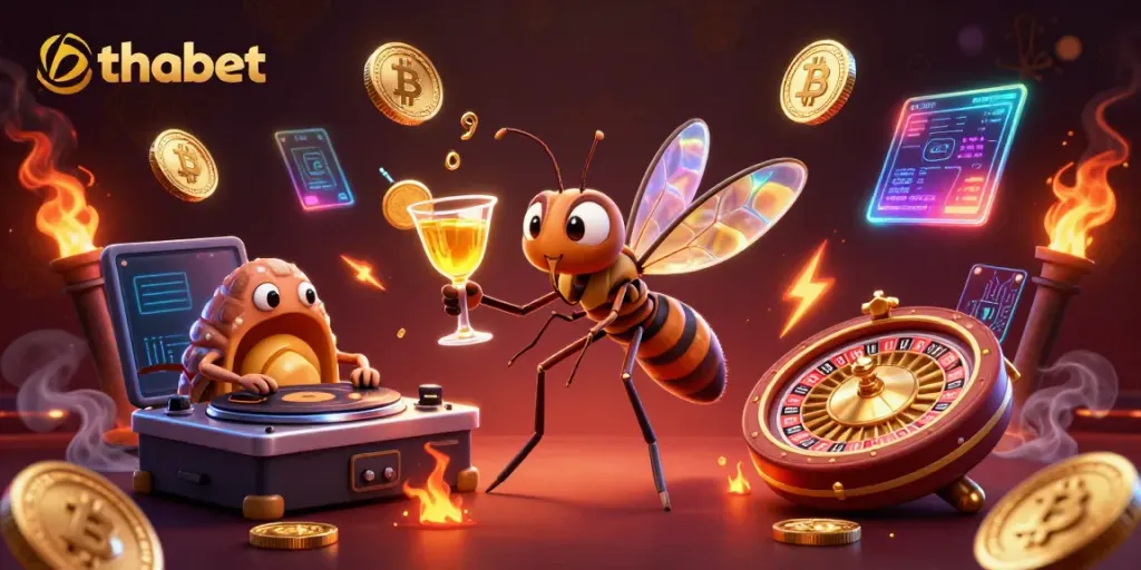 Engage with thabet at a lively digital casino scene featuring unique 3D characters and gaming elements.