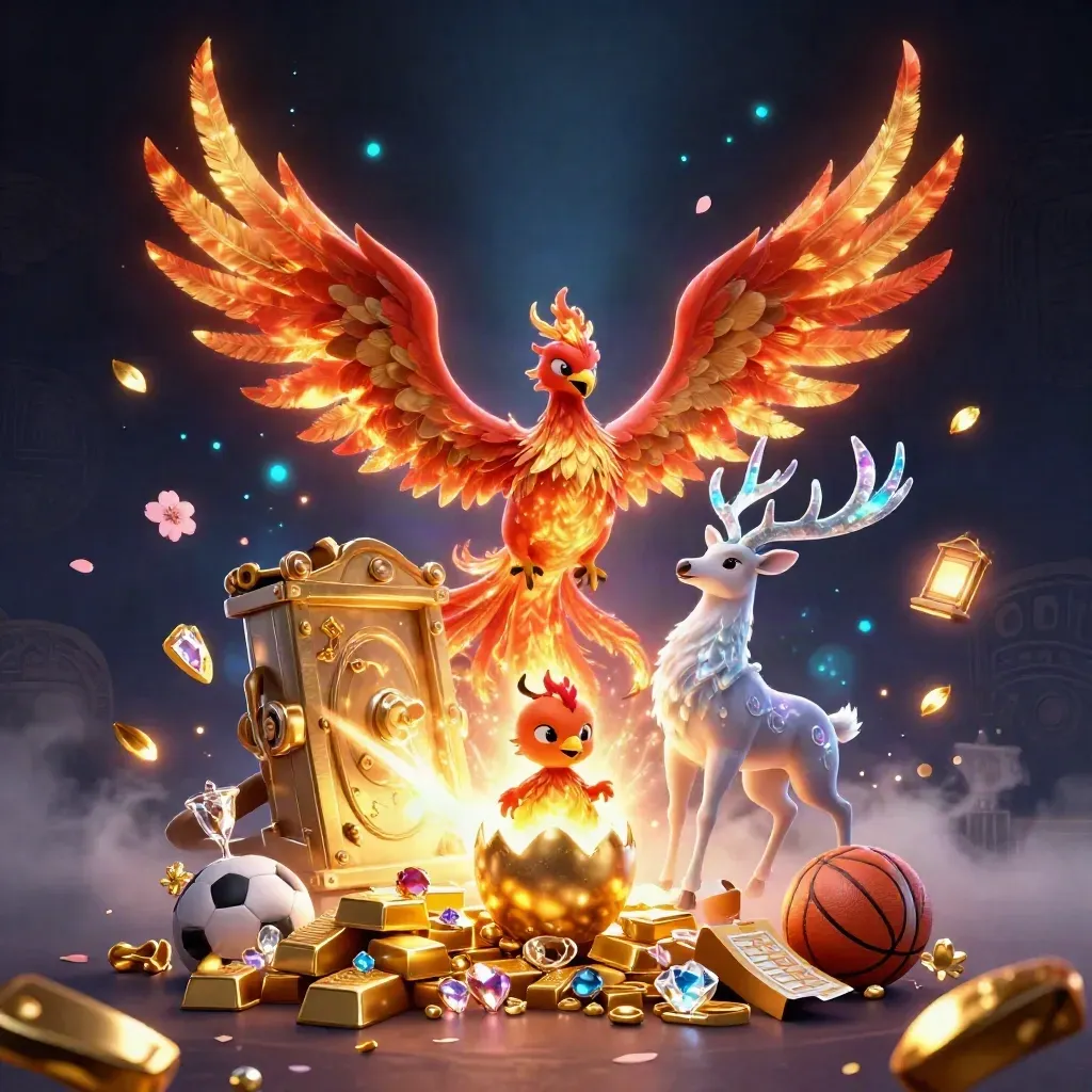 Phoenix, stag, and hatchling amid treasure, sports balls, and neon casino magic.