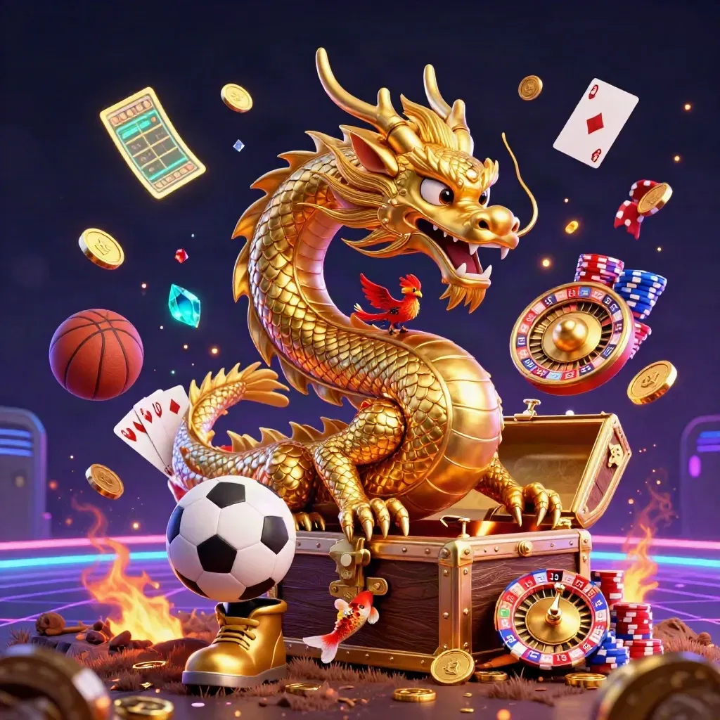 Golden dragon with phoenix and koi amid casino chips, coins, roulette wheel, and a soccer ball in neon darkness.