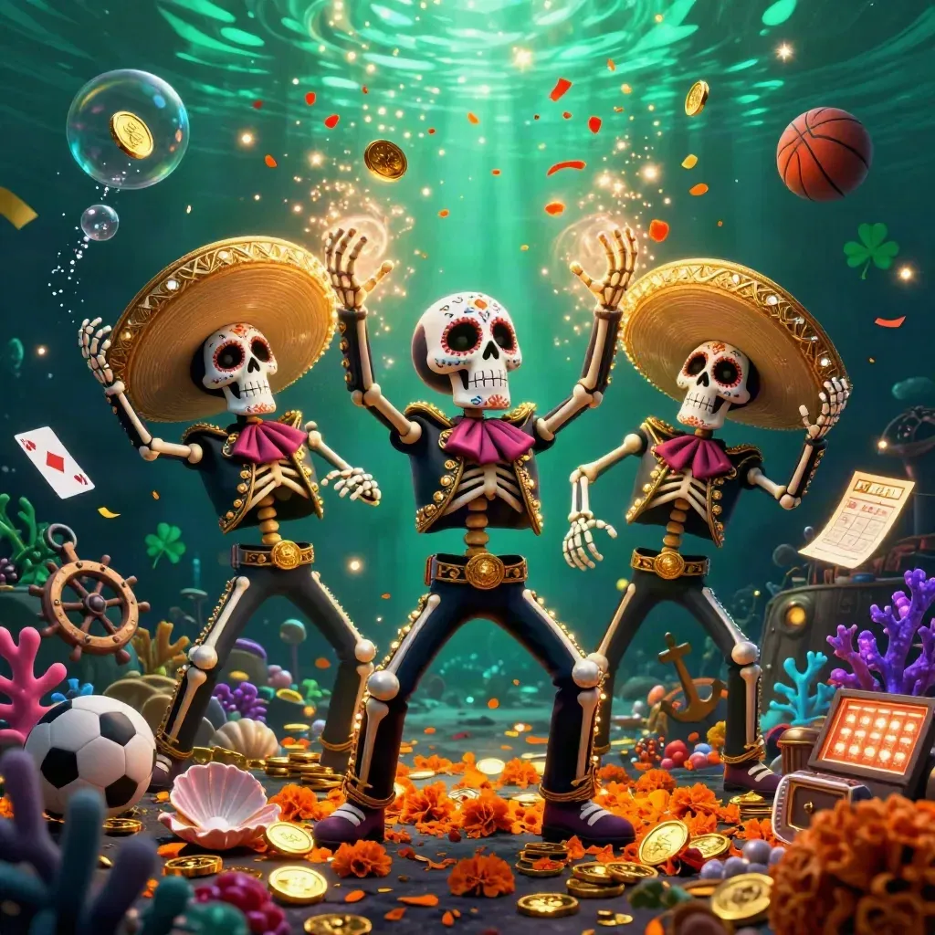 Three Day-of-the-Dead skeleton mariachi performers in an underwater treasure cove with neon casino effects.