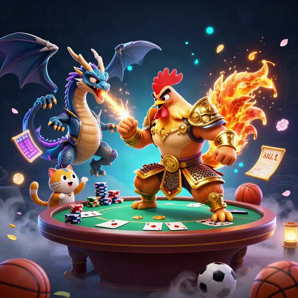 Samurai rooster, spark-breathing hatchling, and fortune cat amid casino gear in neon cyan glow