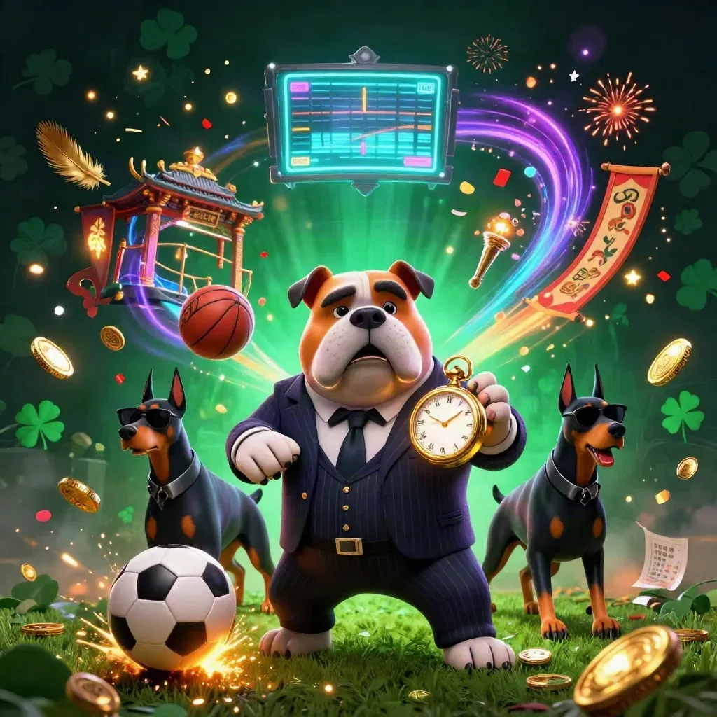 Bulldog boss and Doberman guards amid casino sports chaos, balls, coins, firelight, and neon energy.