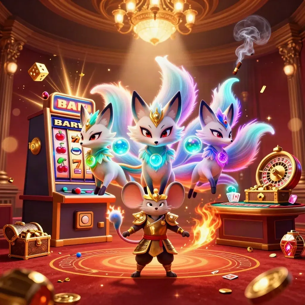 Fox spirit and samurai mouse amid jackpot slot, roulette, cards, gold, and glowing casino light.