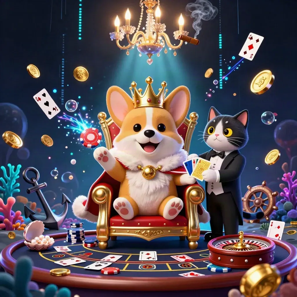Royal corgi and cat butler amid casino treasure, neon glow, and a chandelier-lit room.