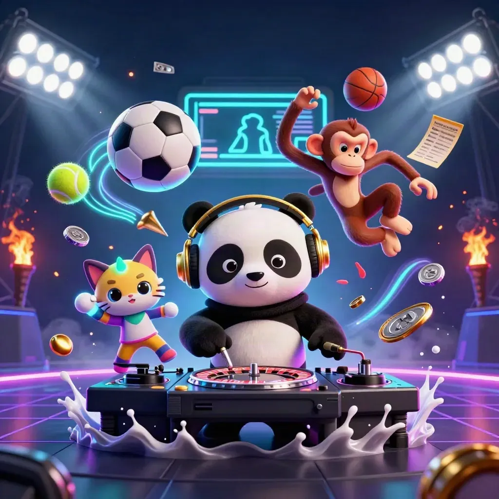 Cartoon panda DJ, breakdancing monkey, and rave kitten amid flying sports balls and casino glow.