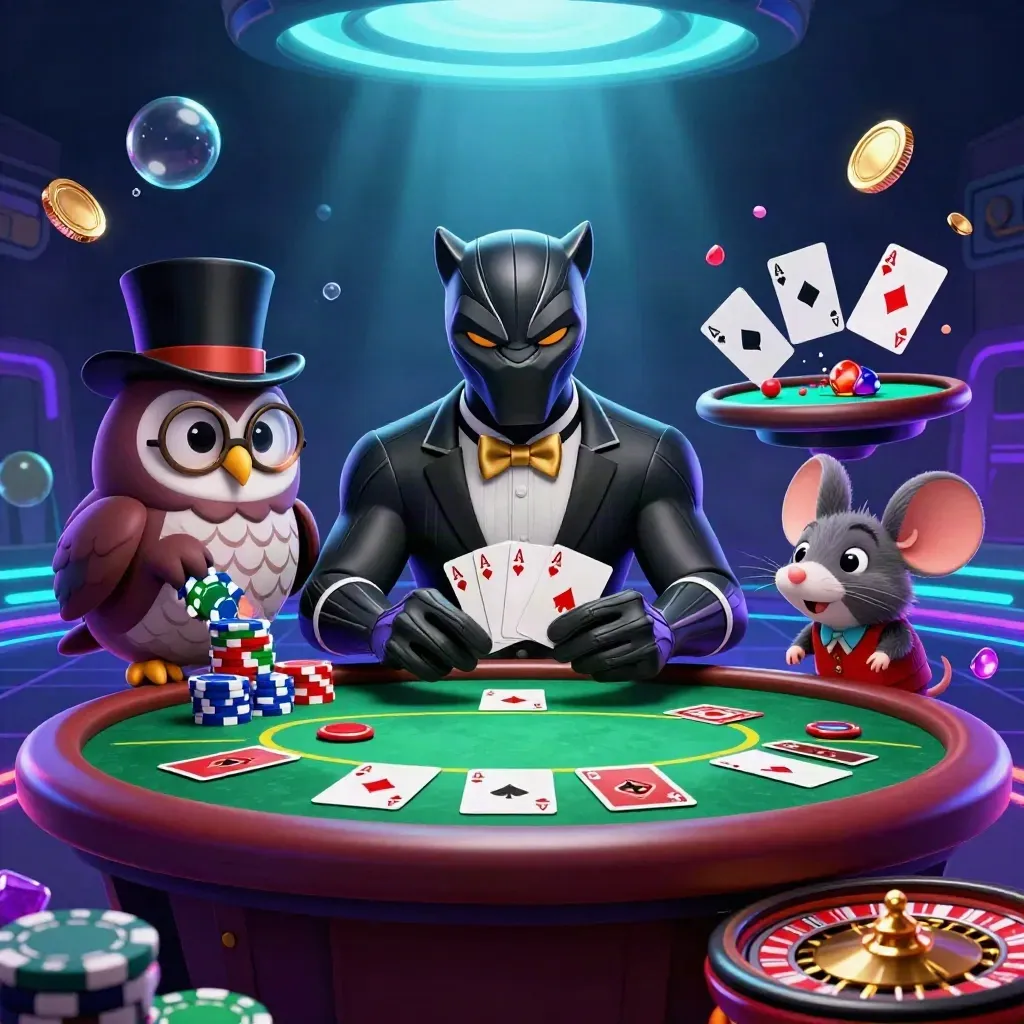 Panther, owl, and mouse amid neon chips, cards, and casino glow.