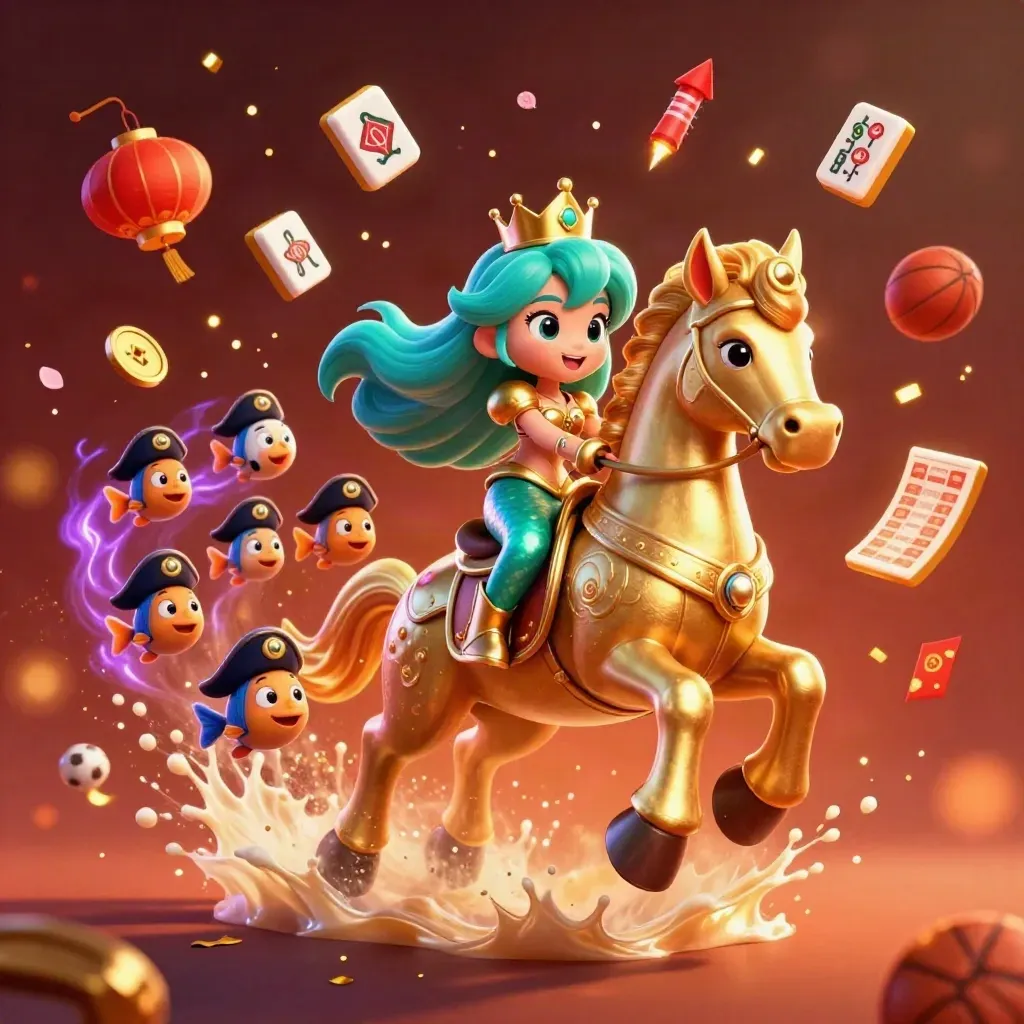 Mermaid princess on armored seahorse amid casino props, lanterns, coins, and glowing embers.