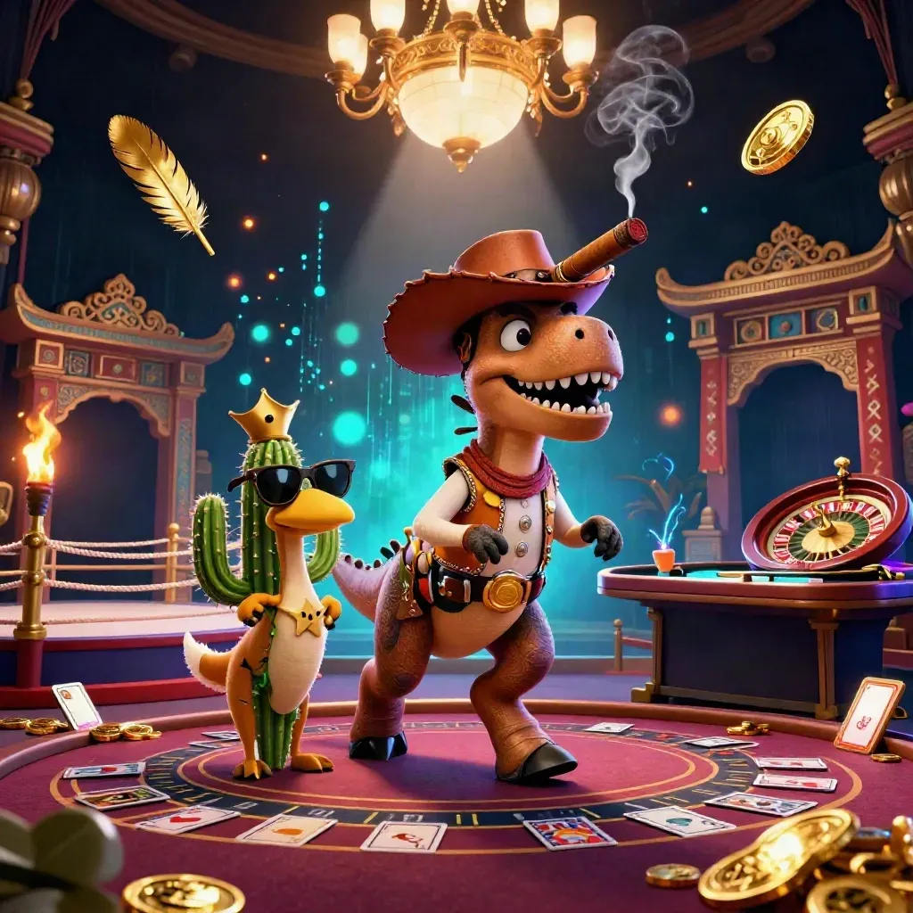 Cowboy T-Rex, cactus sidekick and roadrunner in a neon casino room with gold coins and a spinning wheel