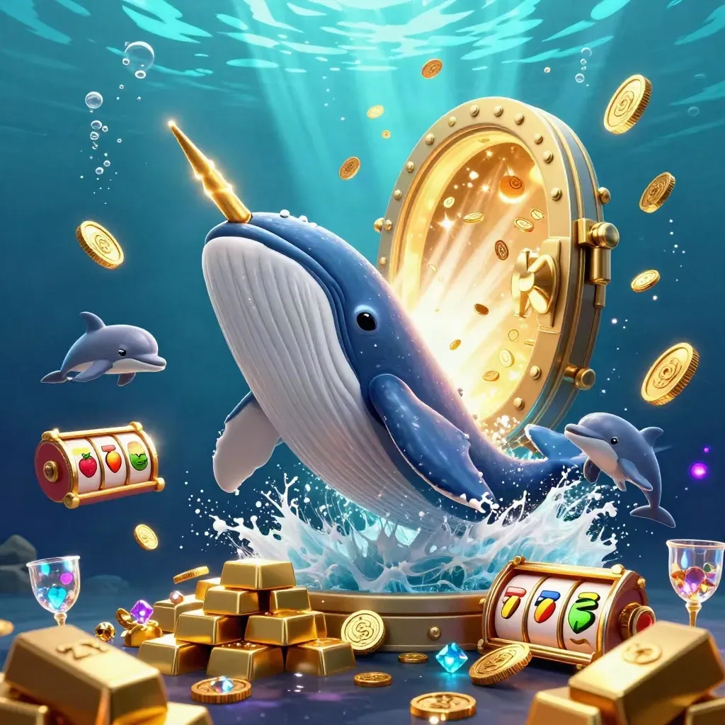 Whale captain, narwhal, and dolphins burst through coins with treasure, gems, and glowing underwater light.