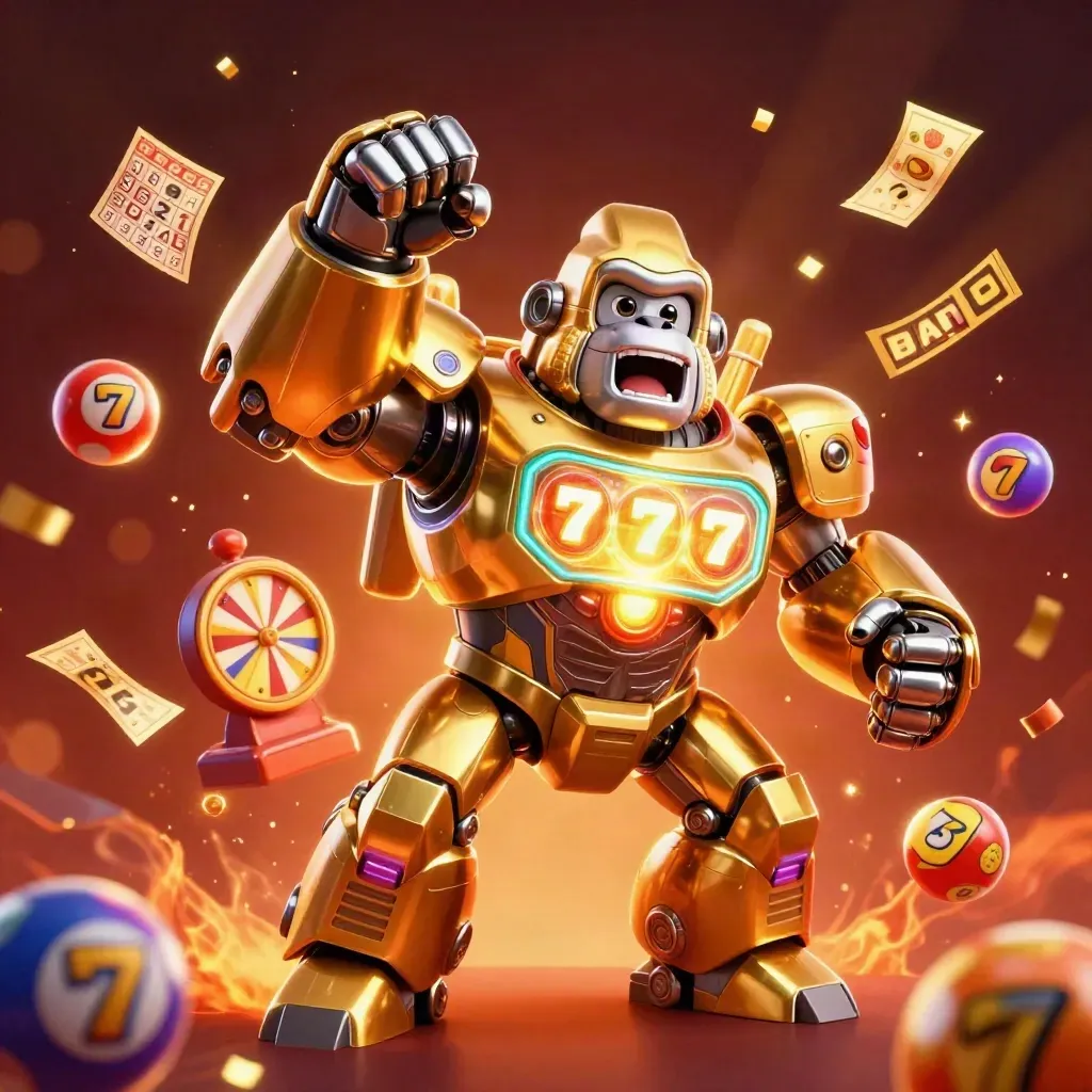 Golden gorilla mech with monkey pilot, lottery balls, prize wheel, tickets, and cyan energy burst