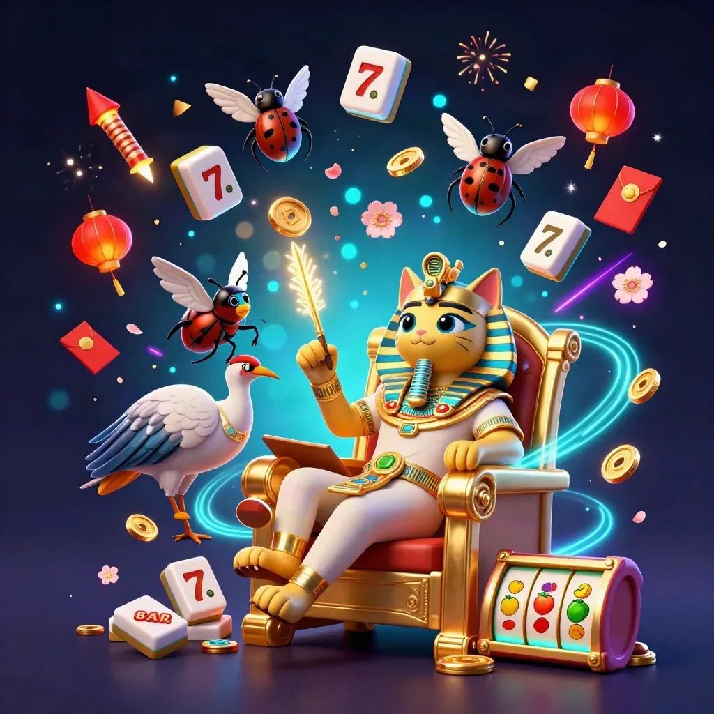 Pharaoh cat, ibis scribe, and gem-wing scarabs amid casino treasures and neon bursts