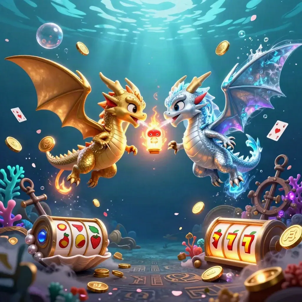 Twin gold and silver dragons clash in an underwater treasure cove with glowing coins and reels.