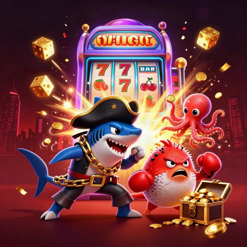 Pirate shark, boxing pufferfish, and juggling octopus amid a bursting slot machine and gold treasure.