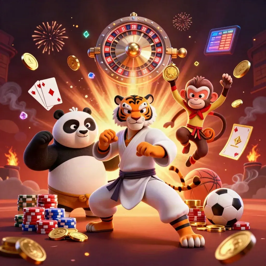 Kung-fu tiger, panda, and monkey amid casino coins, cards, chips, and sports betting energy.