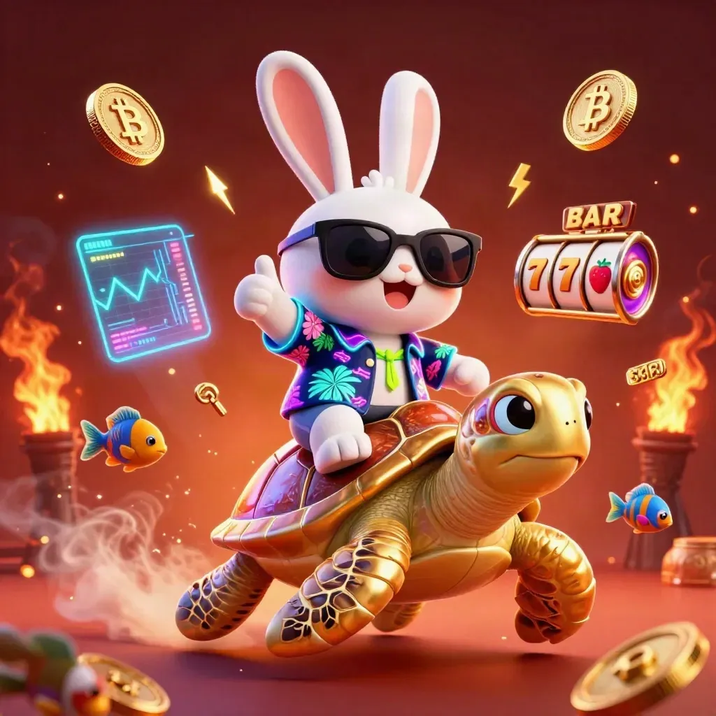 Lucky rabbit rides a gem-shell turtle amid neon coins, embers, fish, and casino effects.
