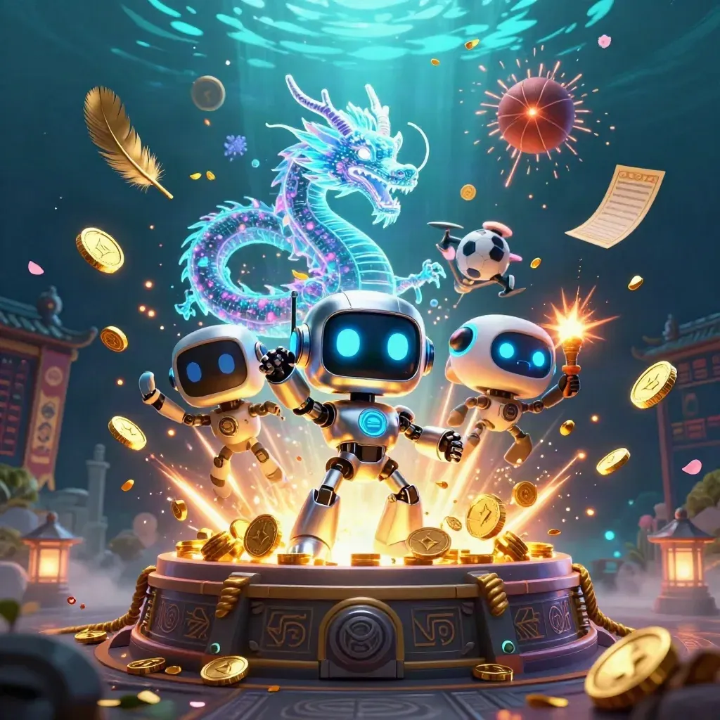 Robot mascot, holographic dragon, and coin drone burst from a vault with coins, fireworks, and sports props.