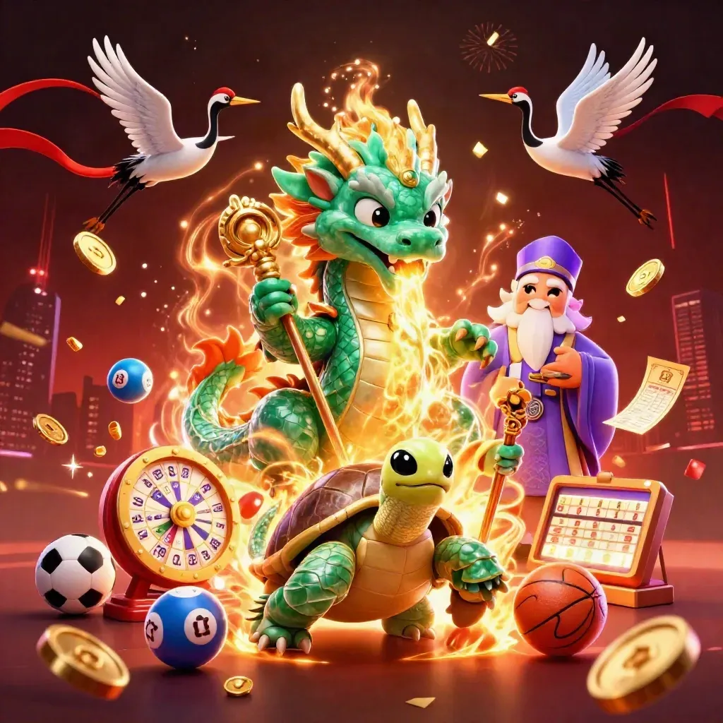 Jade dragon, turtle sage, and cranes amid coins, fireworks, and casino game props