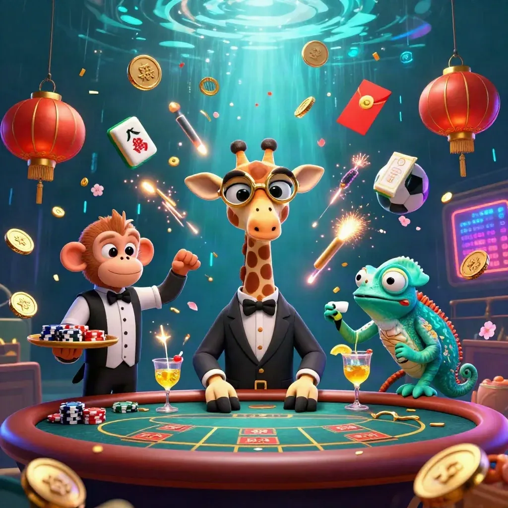 Giraffe, monkey and chameleon celebrate amid coins, fireworks and neon casino loot.