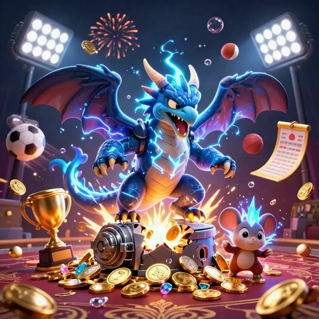 Thunder dragon, wind hawk, and static mouse amid coins, sports balls, fireworks, and vault treasure.
