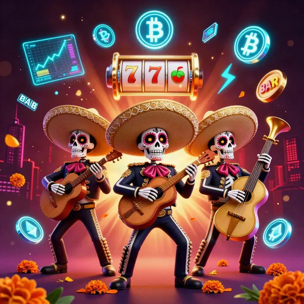 Day-of-the-Dead skeleton mariachi trio amid neon coins, slot reels, lightning, and casino glow.