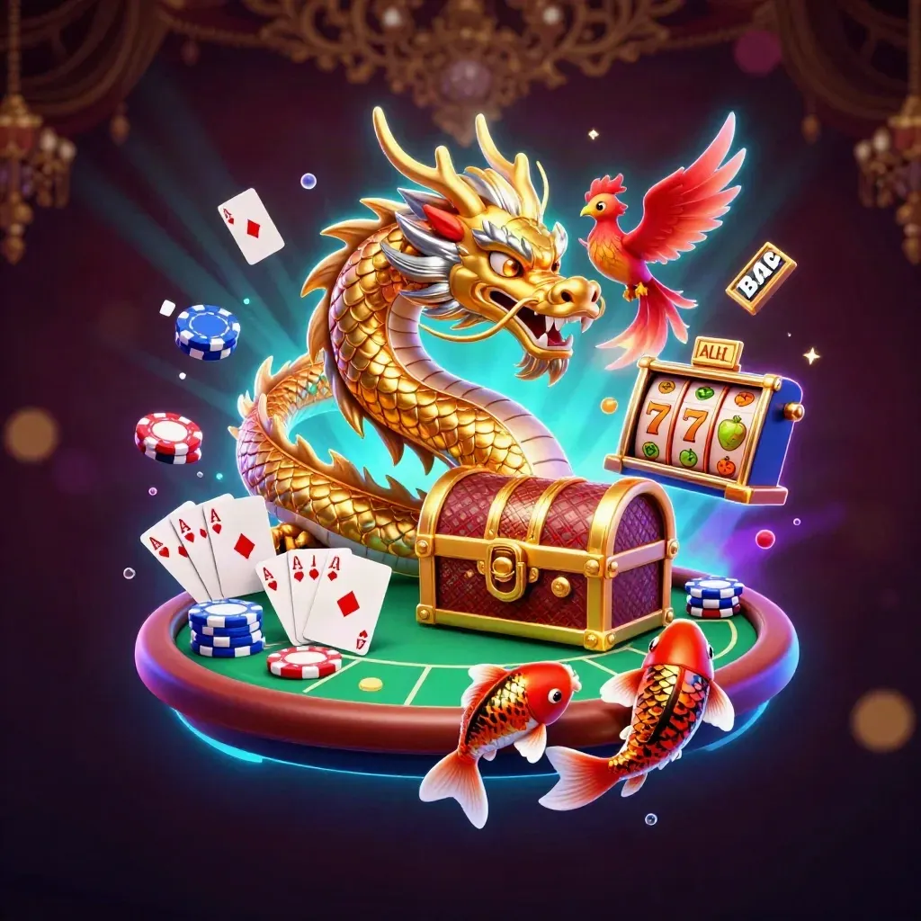 Golden dragon with phoenix and koi amid casino cards, chips, reels, and neon glow