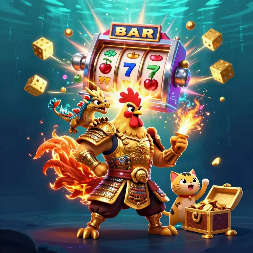 Rooster warrior, dragon hatchling, and lucky cat bursting from a slot machine in neon casino glow.