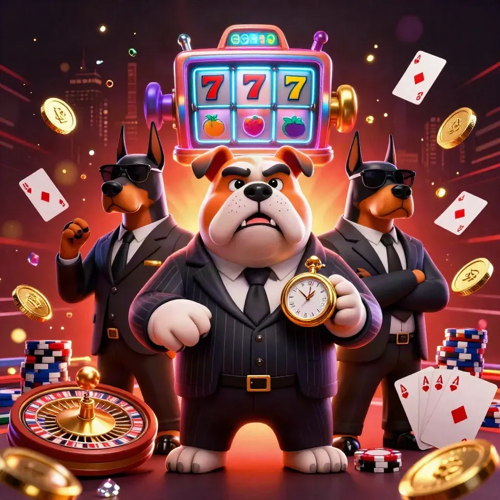 Mafia-boss bulldog with Doberman guards amid roulette, coins, chips, and neon casino effects.