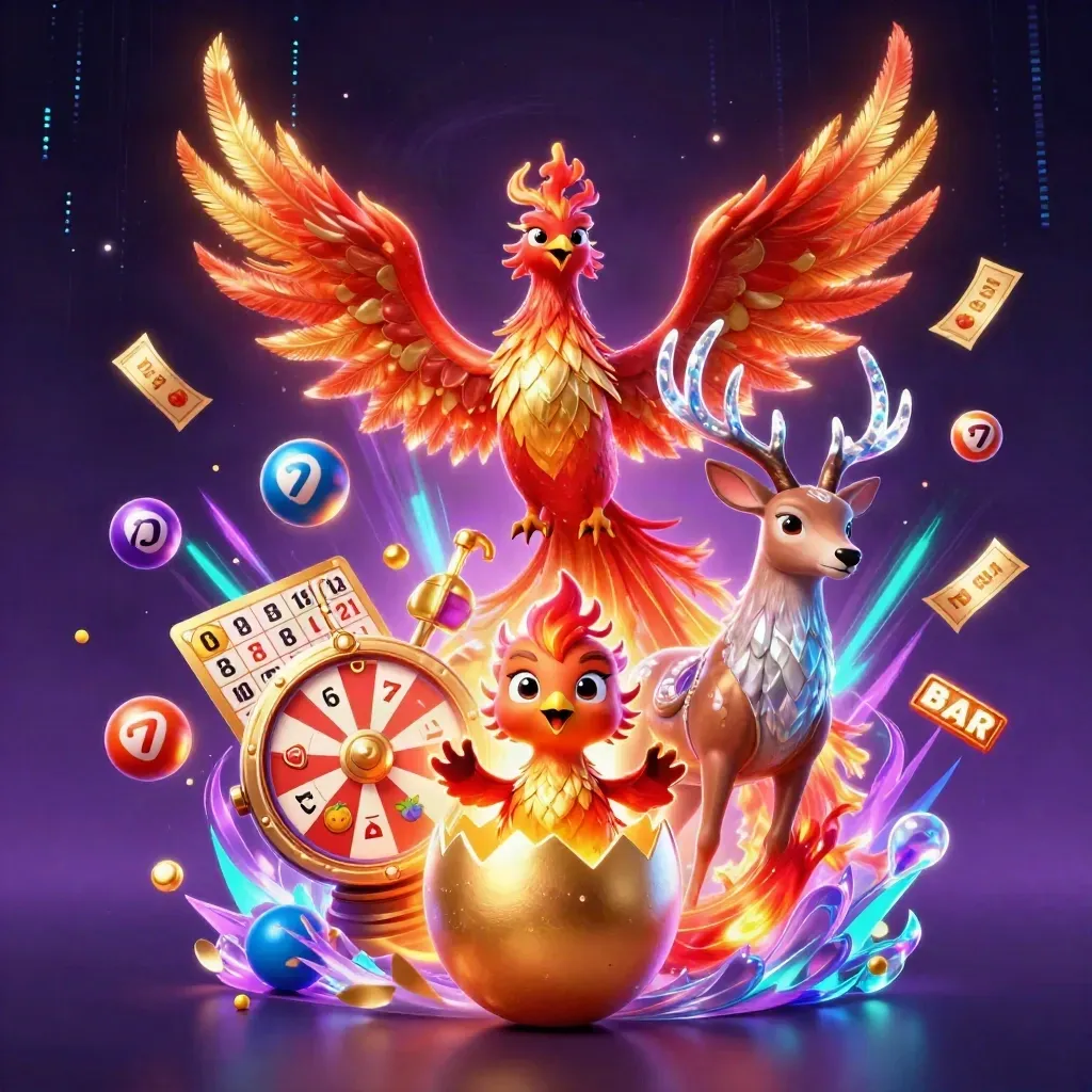 Fire phoenix, hatching baby phoenix, crystalline stag amid casino bursts and neon magic