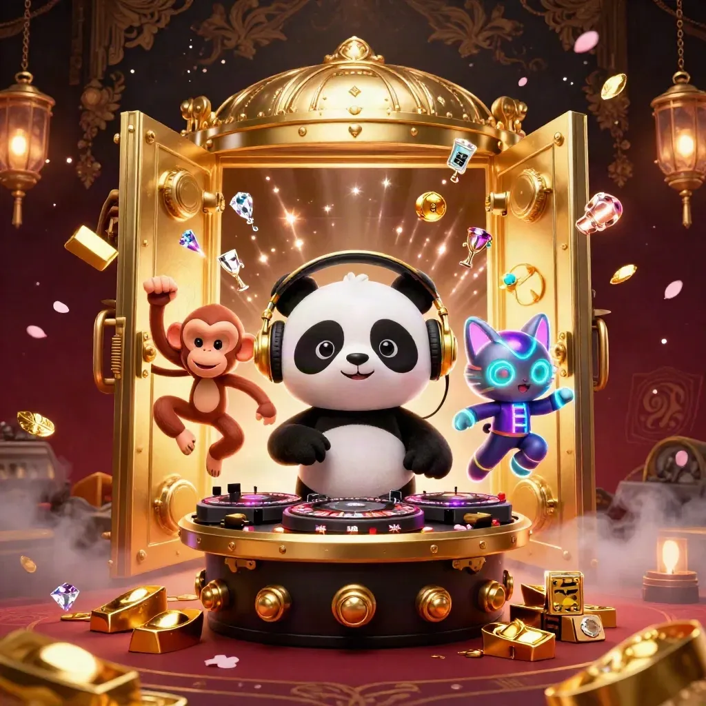 DJ panda, dancing monkey, and glow-stick kitten burst from a golden vault with casino loot.