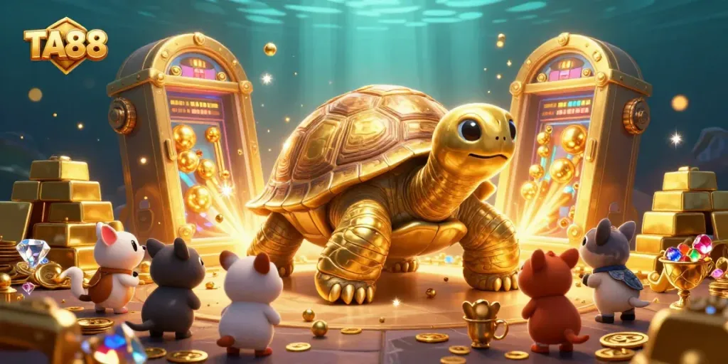 Experience the excitement at TA88 with a vibrant scene of a colossal golden tortoise and treasures in this enthralling casino illustration.