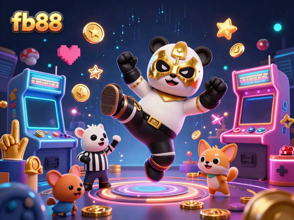 Experience the thrill at fb88 with a dynamic illustration of a wrestling panda and energetic casino elements.