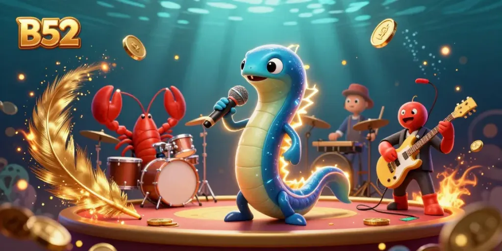 Experience a vibrant underwater casino scene with the B52 electric eel DJ, lobster drummer, and seahorse guitarist.